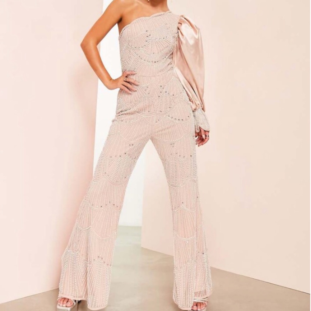 ASOS Luxe embellished pearl one sleeve jumpsuit in pink